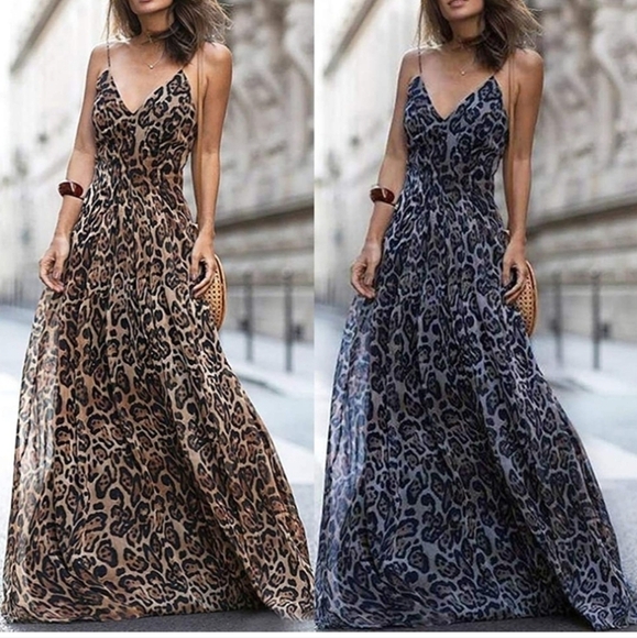 Luxurious Grey Leopard Print Chiffon Maxi Dress - Picture 6 of 11